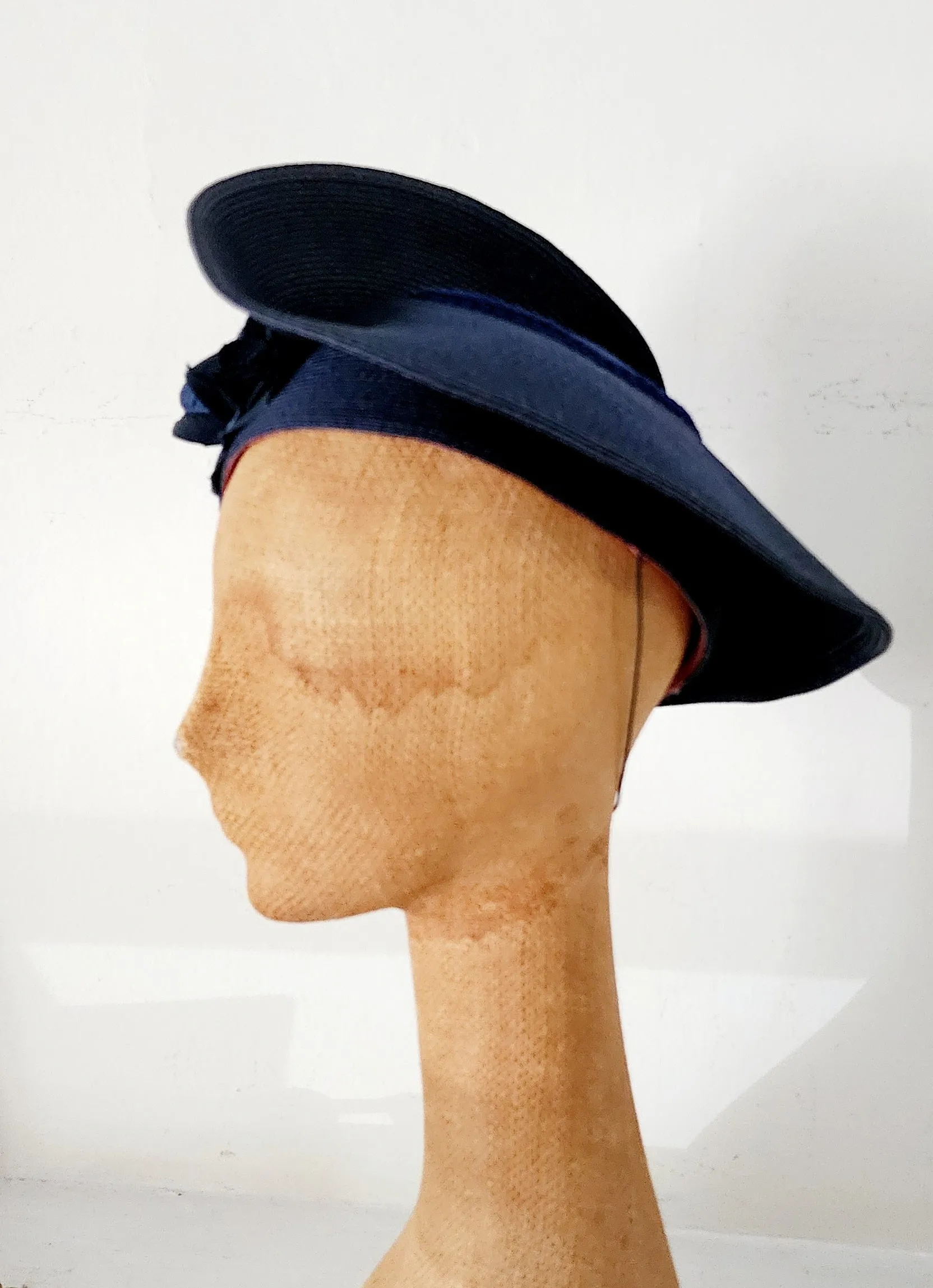 80s Does 30s Navy Blue Straw Hat Asymmetrical Modernist