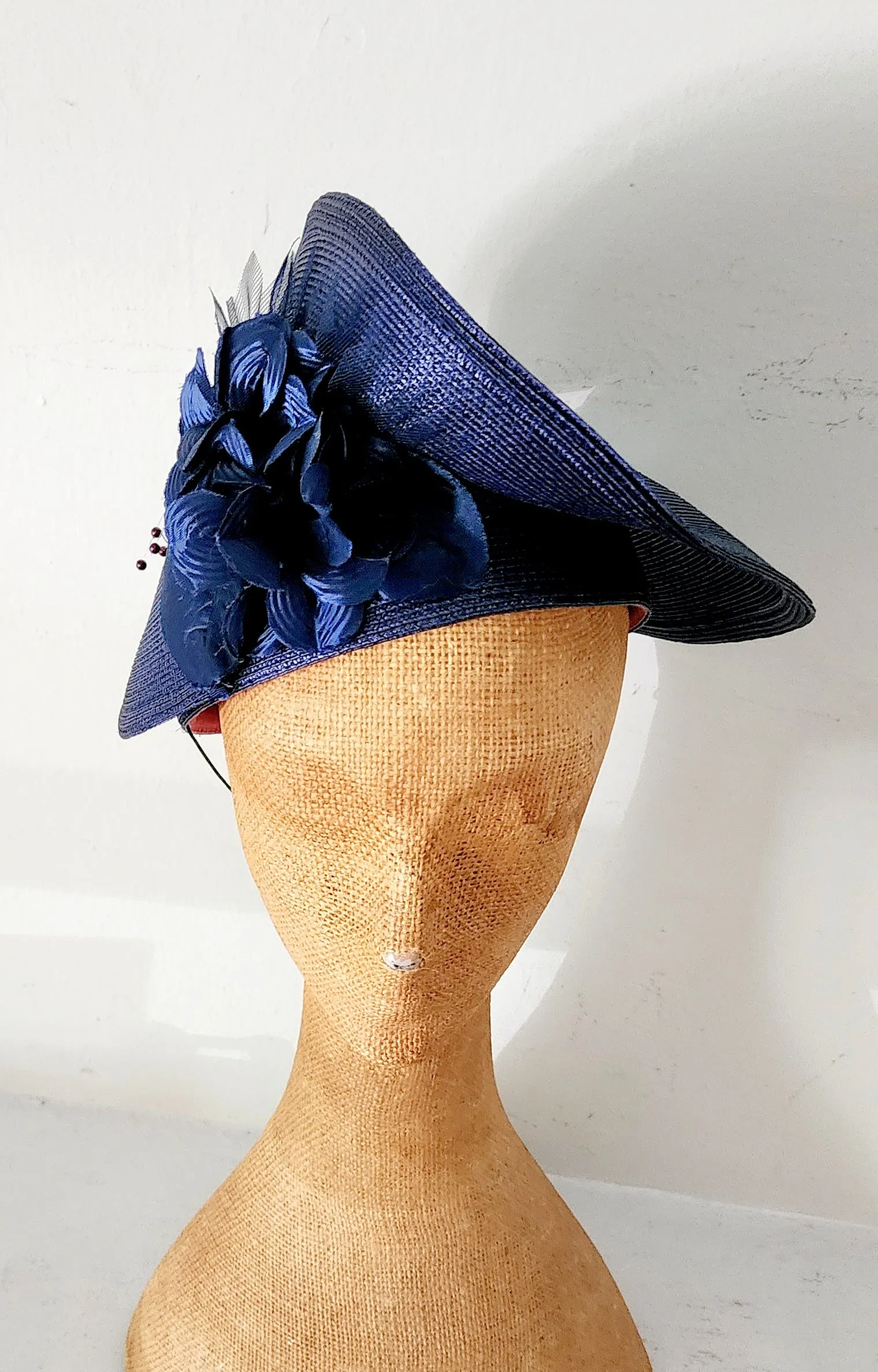 80s Does 30s Navy Blue Straw Hat Asymmetrical Modernist