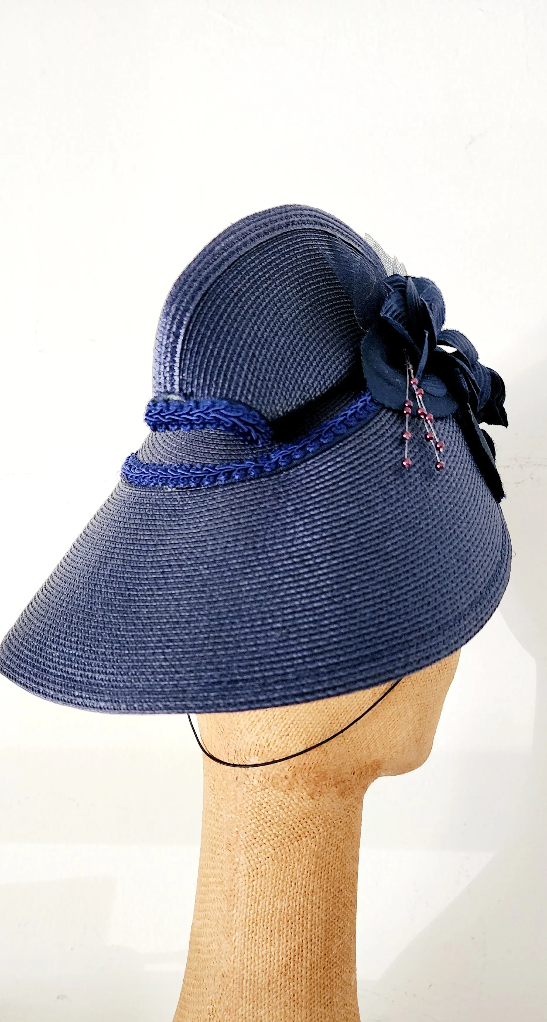80s Does 30s Navy Blue Straw Hat Asymmetrical Modernist