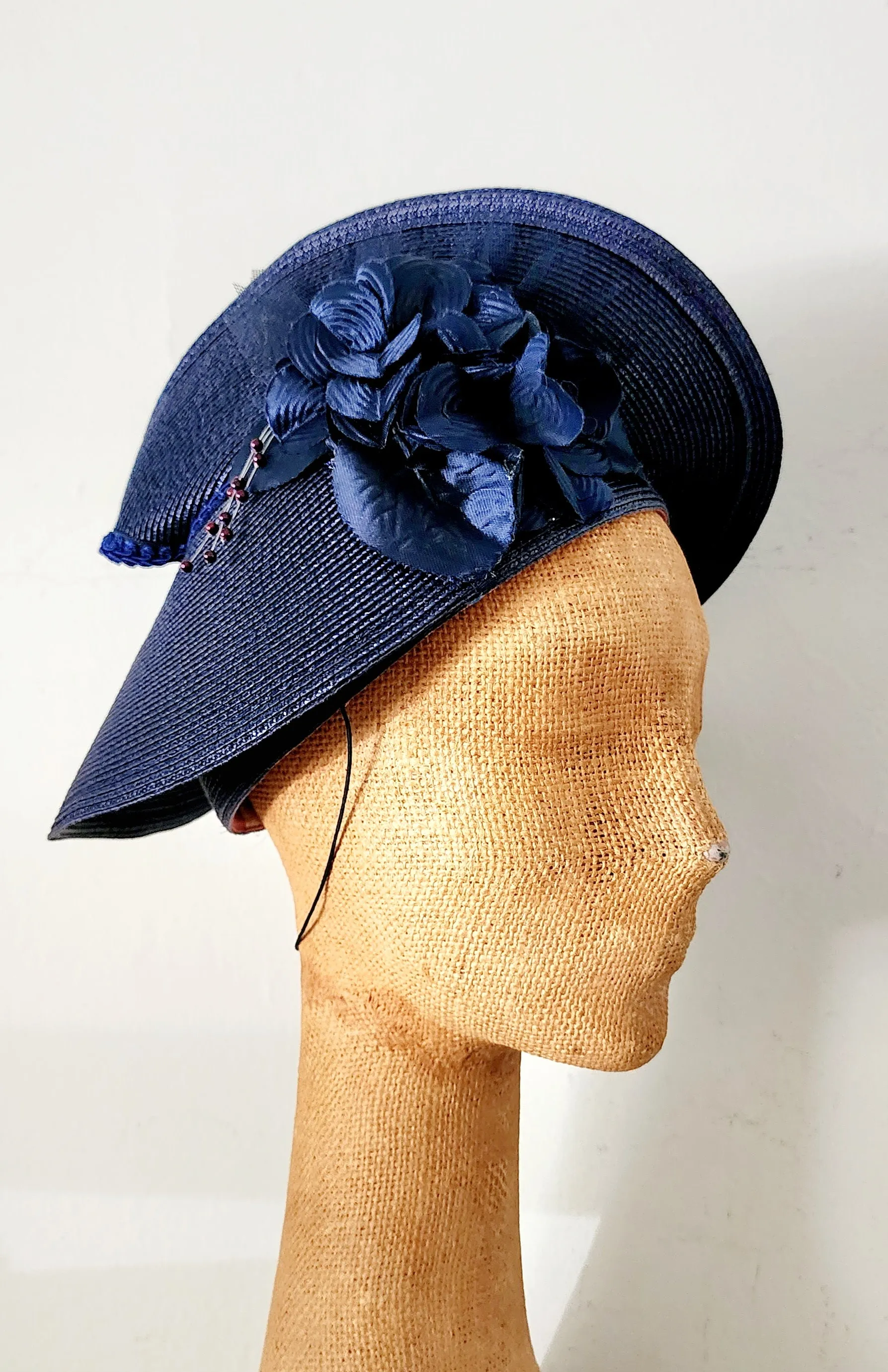 80s Does 30s Navy Blue Straw Hat Asymmetrical Modernist