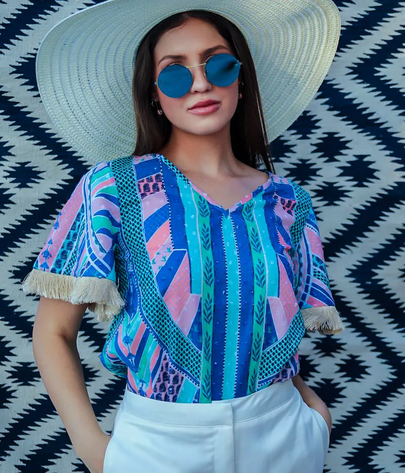 Adele Cotton Top Royal blue top | Geometric print | Sandhya Garg