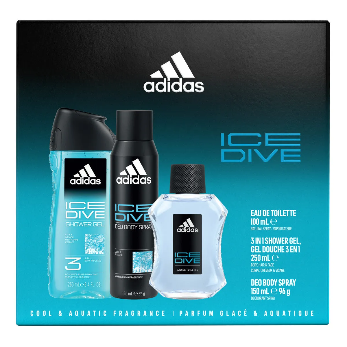 Adidas Ice Dive Giftset including an Eau de Toilette, Deo Body Spray and Shower Gel 100 ML   250 ML   150 ML