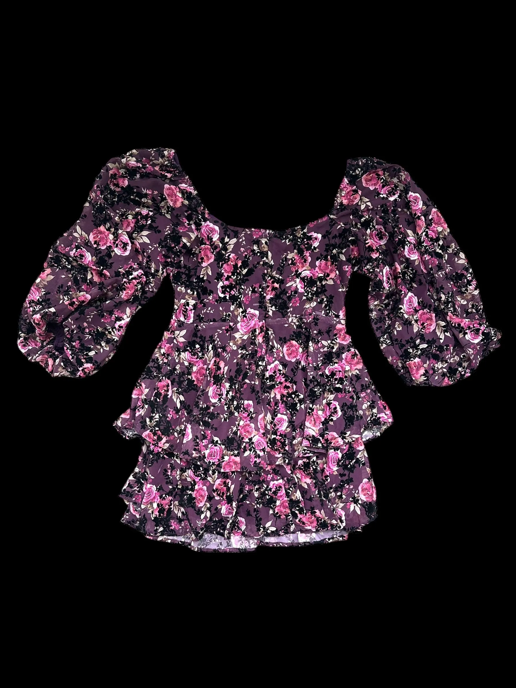 Altar'd State Burgundy Floral Velvet Black Leaves Mini Dress