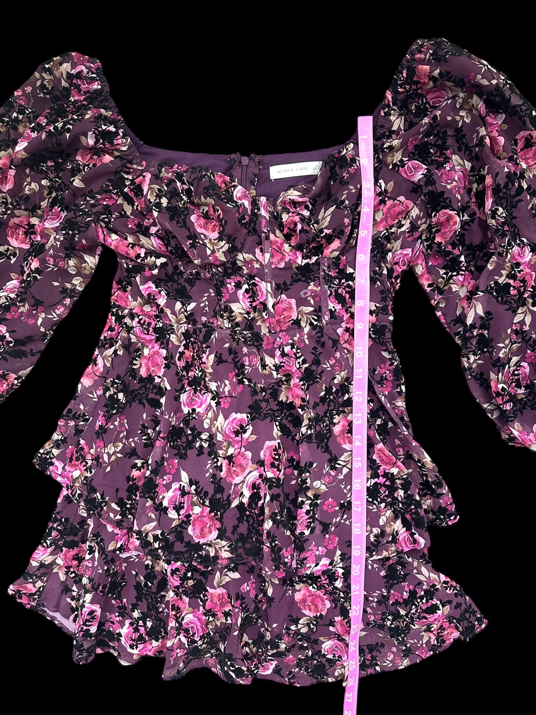 Altar'd State Burgundy Floral Velvet Black Leaves Mini Dress