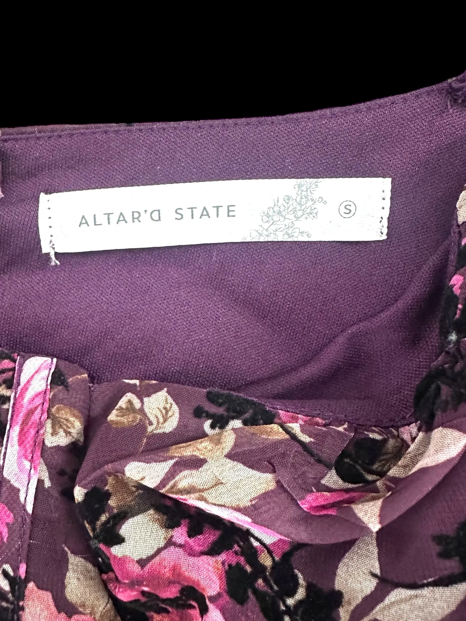 Altar'd State Burgundy Floral Velvet Black Leaves Mini Dress