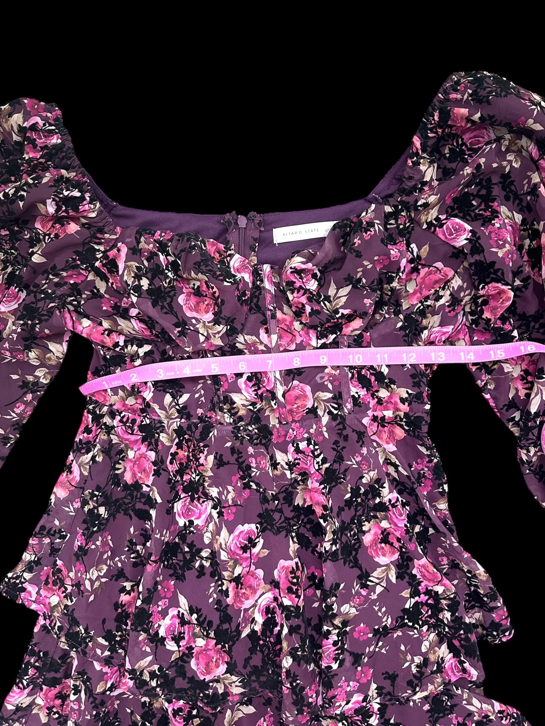 Altar'd State Burgundy Floral Velvet Black Leaves Mini Dress