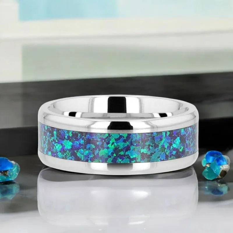 ANDROMEDA | Silver Titanium Ring, Green Blue Opal Inlay, Beveled