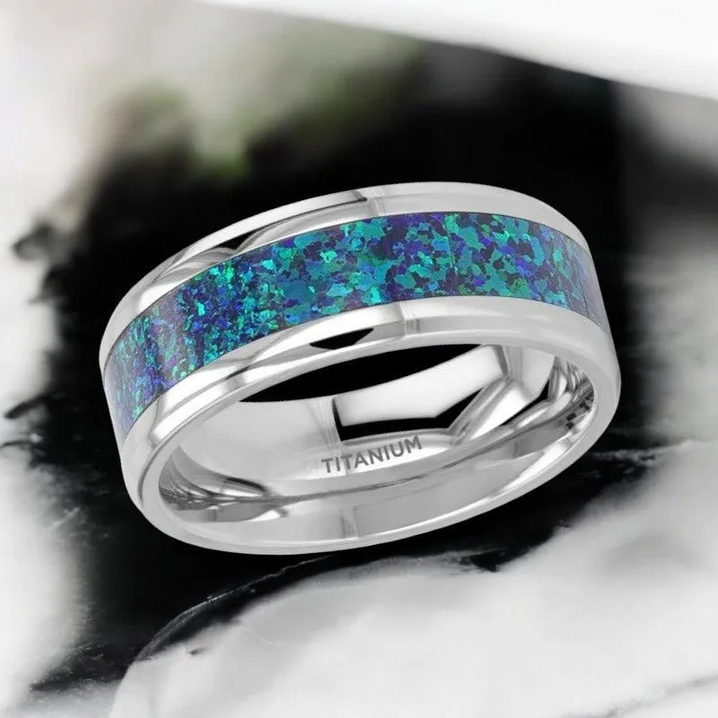ANDROMEDA | Silver Titanium Ring, Green Blue Opal Inlay, Beveled