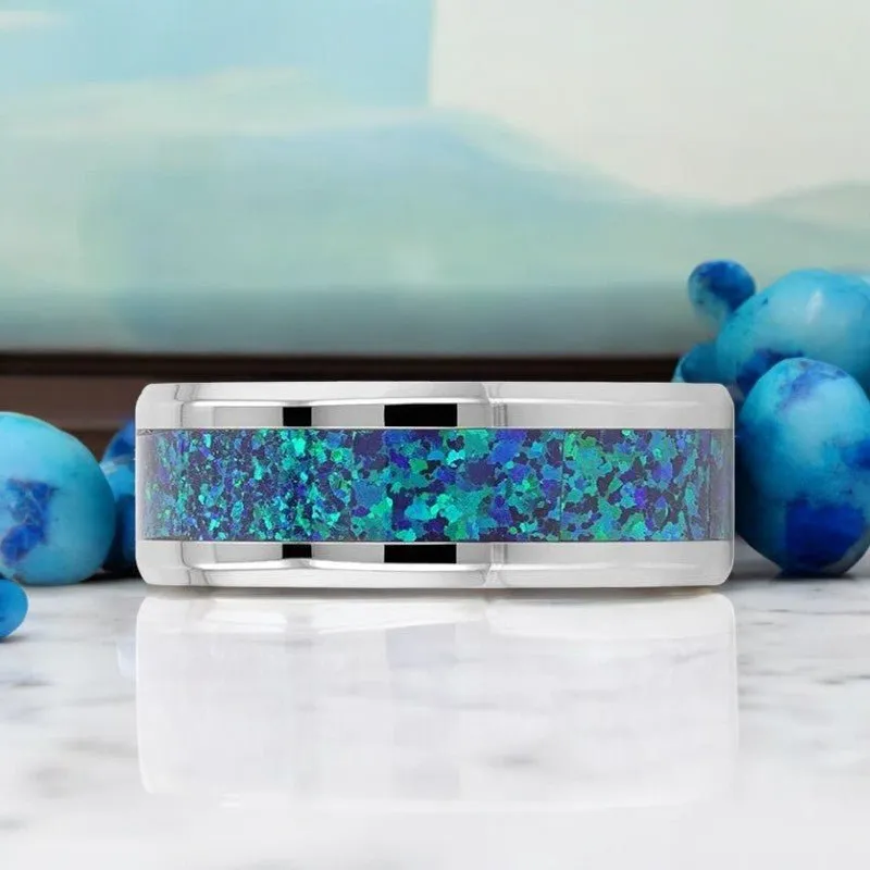ANDROMEDA | Silver Titanium Ring, Green Blue Opal Inlay, Beveled