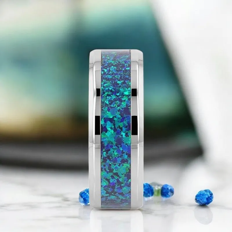 ANDROMEDA | Silver Titanium Ring, Green Blue Opal Inlay, Beveled