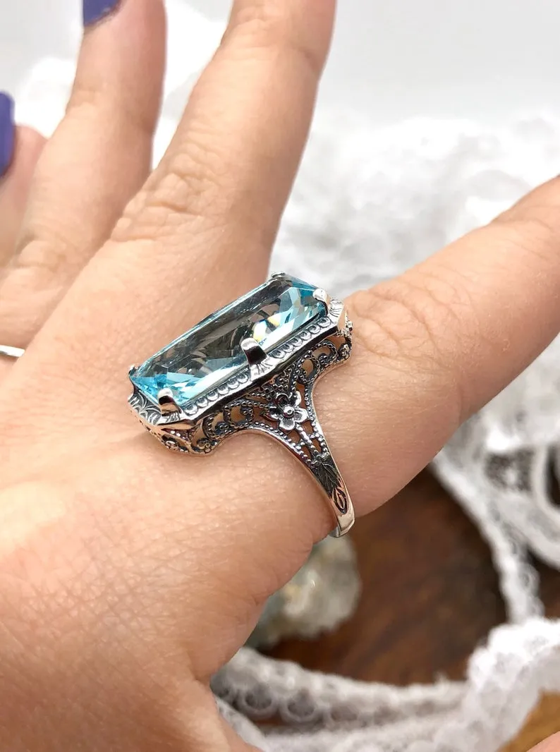 Aquamarine Ring, 1915 Vintage style, Edwardian Jewelry #D232