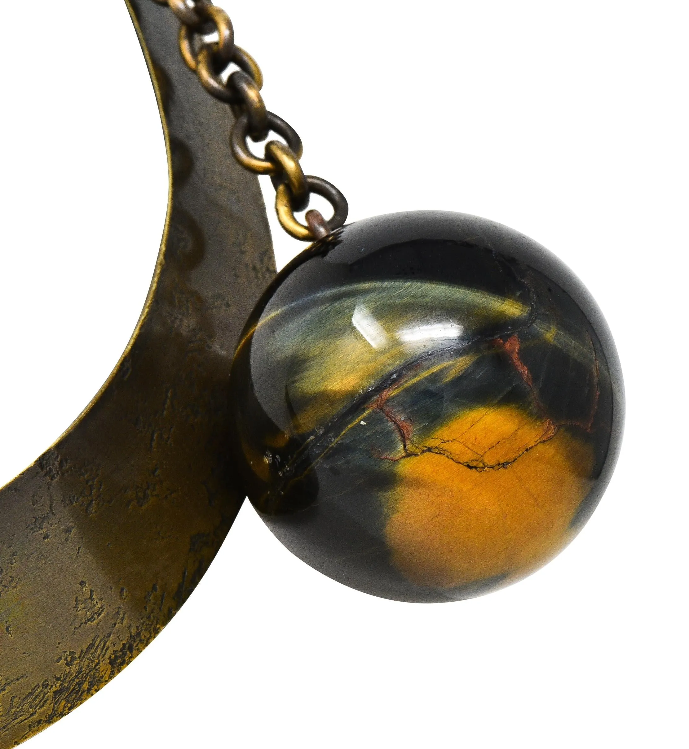 Art Smith 1950's Modernist Tiger's Eye Brass Sphere Vintage Modern Collar Necklace