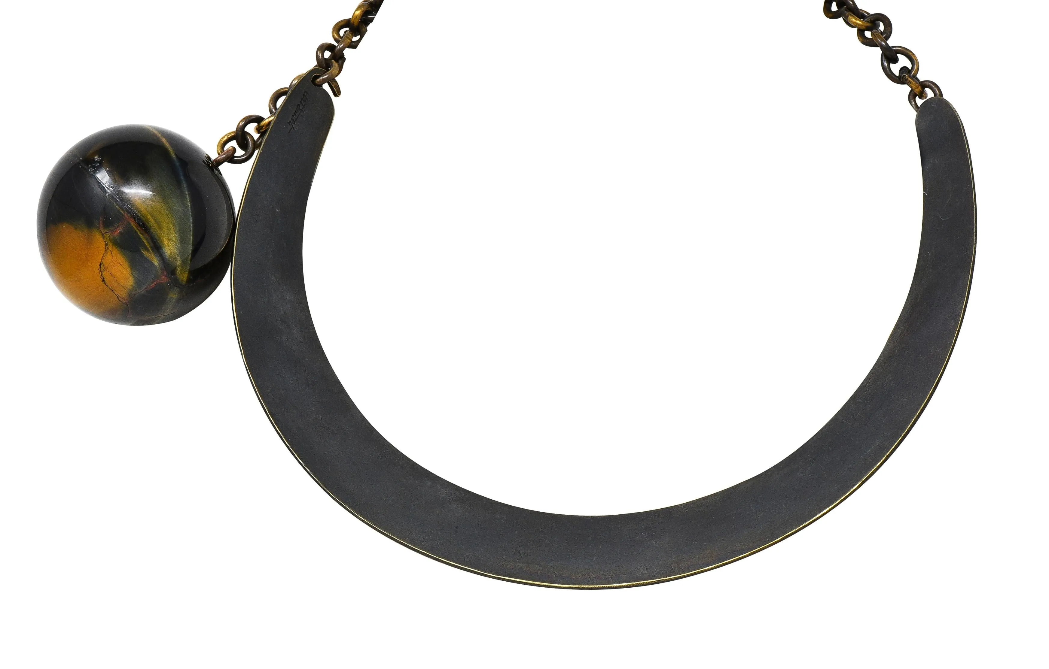 Art Smith 1950's Modernist Tiger's Eye Brass Sphere Vintage Modern Collar Necklace