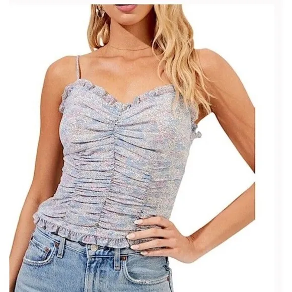 Astr The Label Blue Multi Ditzy Daisy Ruched Cami XL spring floral revolve boho