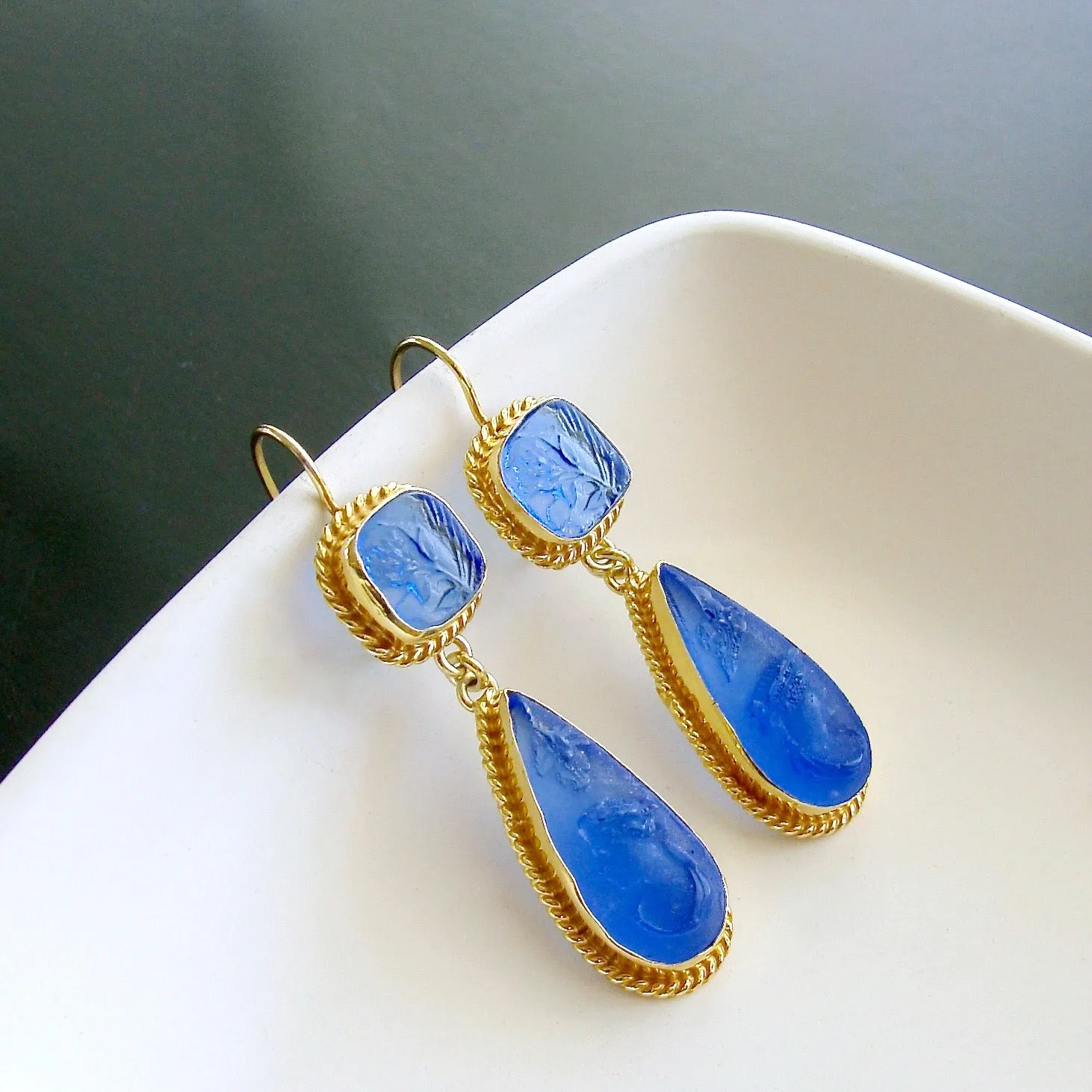 Azure Blue Intaglio Cameo Earrings - Cipressa Earrings