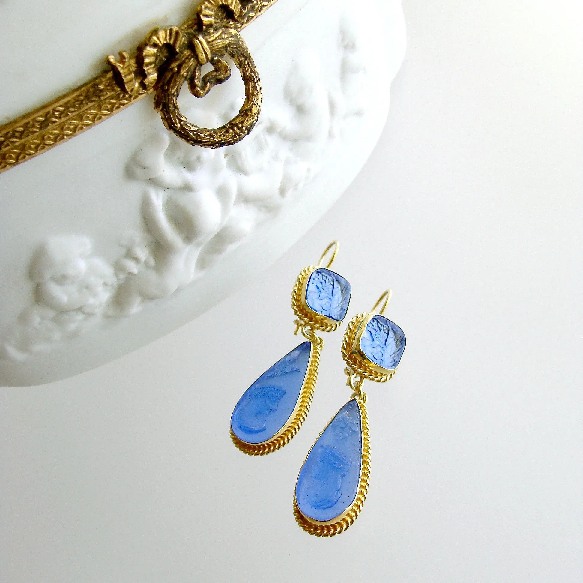 Azure Blue Intaglio Cameo Earrings - Cipressa Earrings
