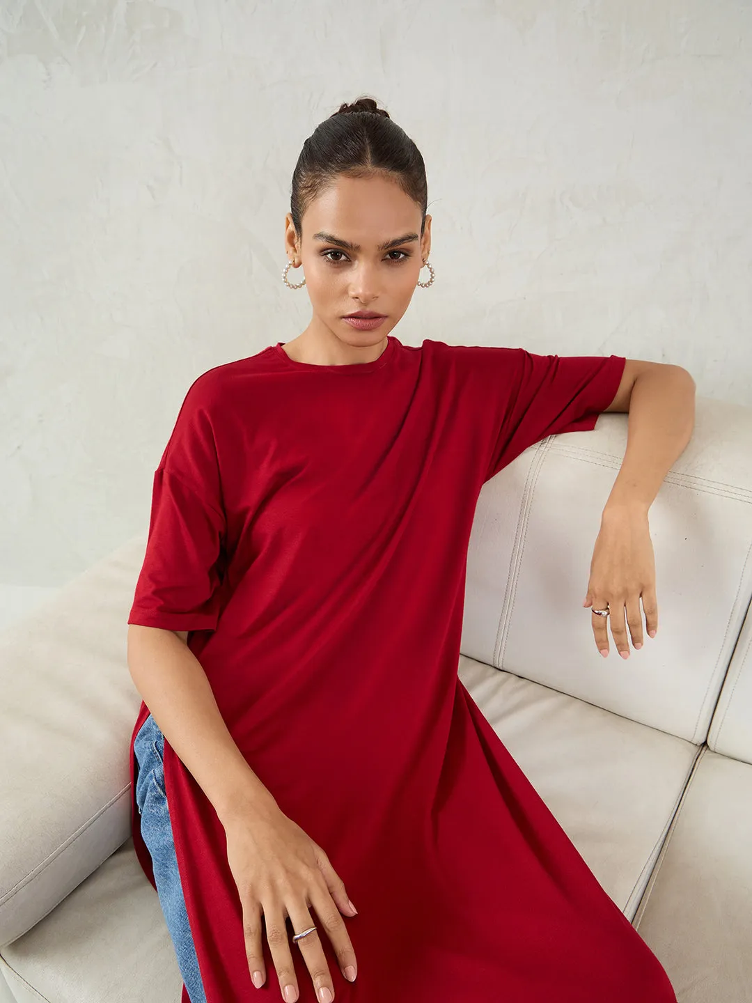 Bamboo Deep Red Knit Slit Detail Top
