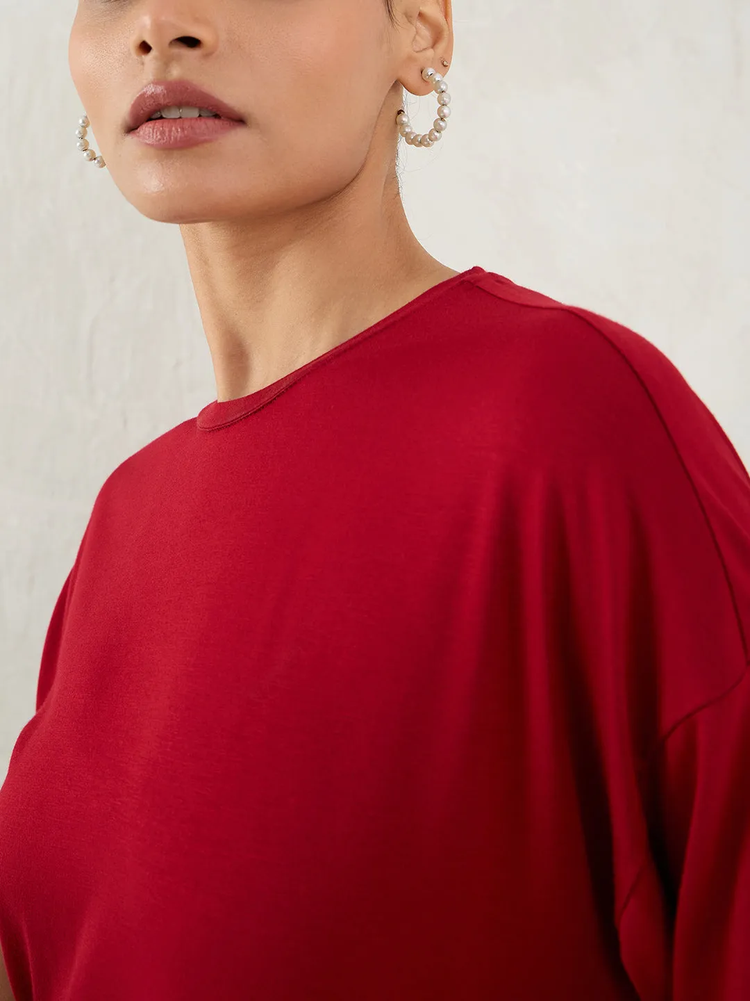 Bamboo Deep Red Knit Slit Detail Top