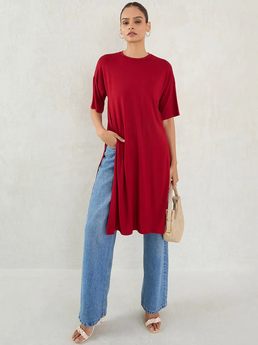 Bamboo Deep Red Knit Slit Detail Top
