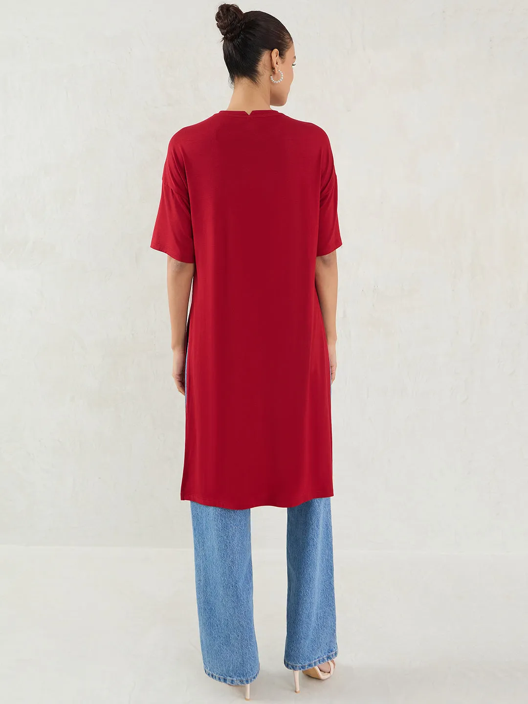 Bamboo Deep Red Knit Slit Detail Top