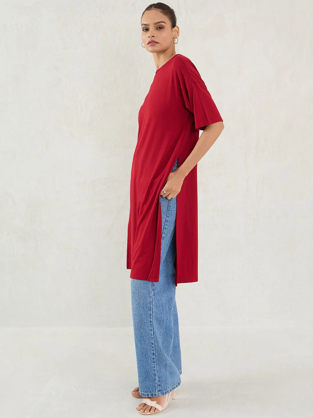 Bamboo Deep Red Knit Slit Detail Top