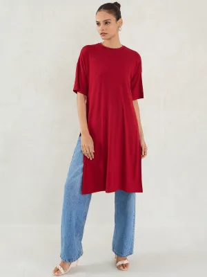Bamboo Deep Red Knit Slit Detail Top
