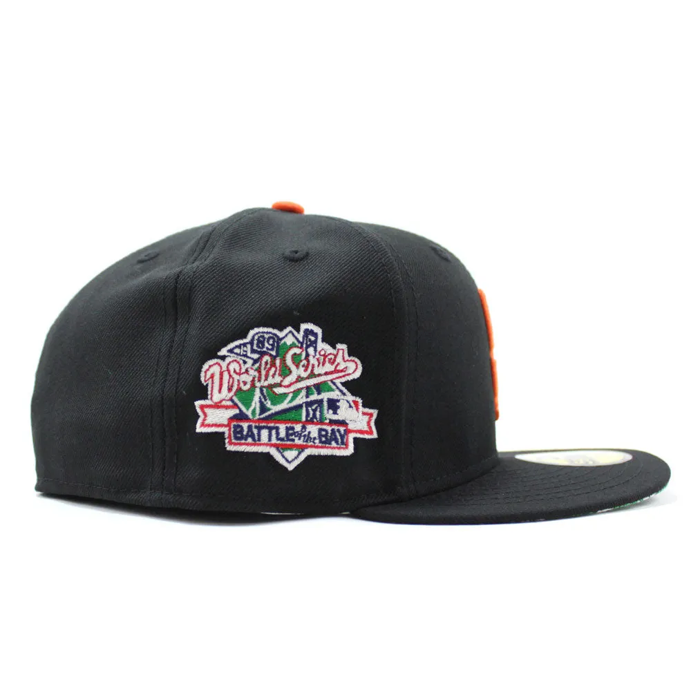 BATTLE OF THE BAY San Francisco Giants 1989 World Series Patch New Era 59Fifty Fitted Hats (Glow in the Dark Patch BLACK Floral UNDER BRIM)