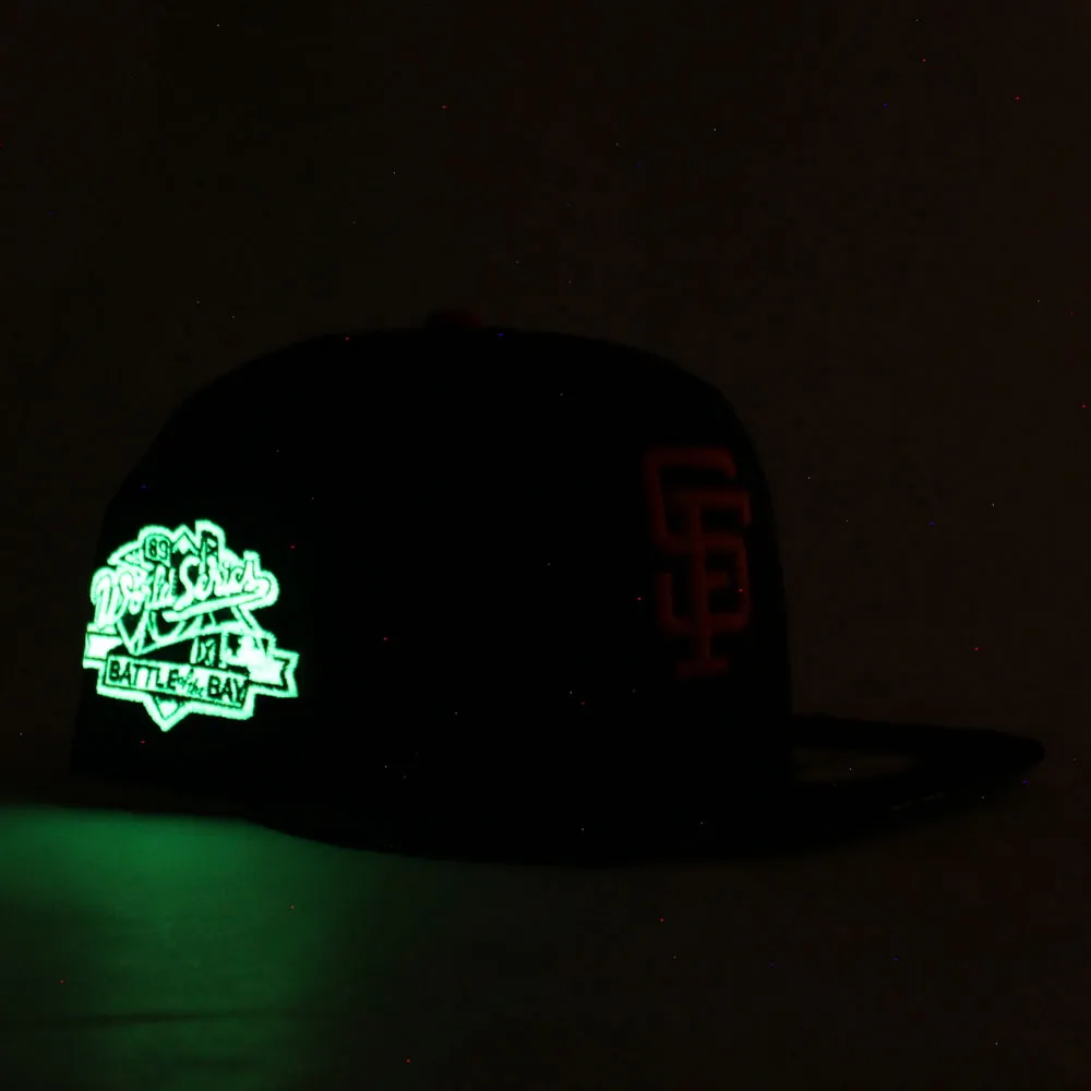 BATTLE OF THE BAY San Francisco Giants 1989 World Series Patch New Era 59Fifty Fitted Hats (Glow in the Dark Patch BLACK Floral UNDER BRIM)
