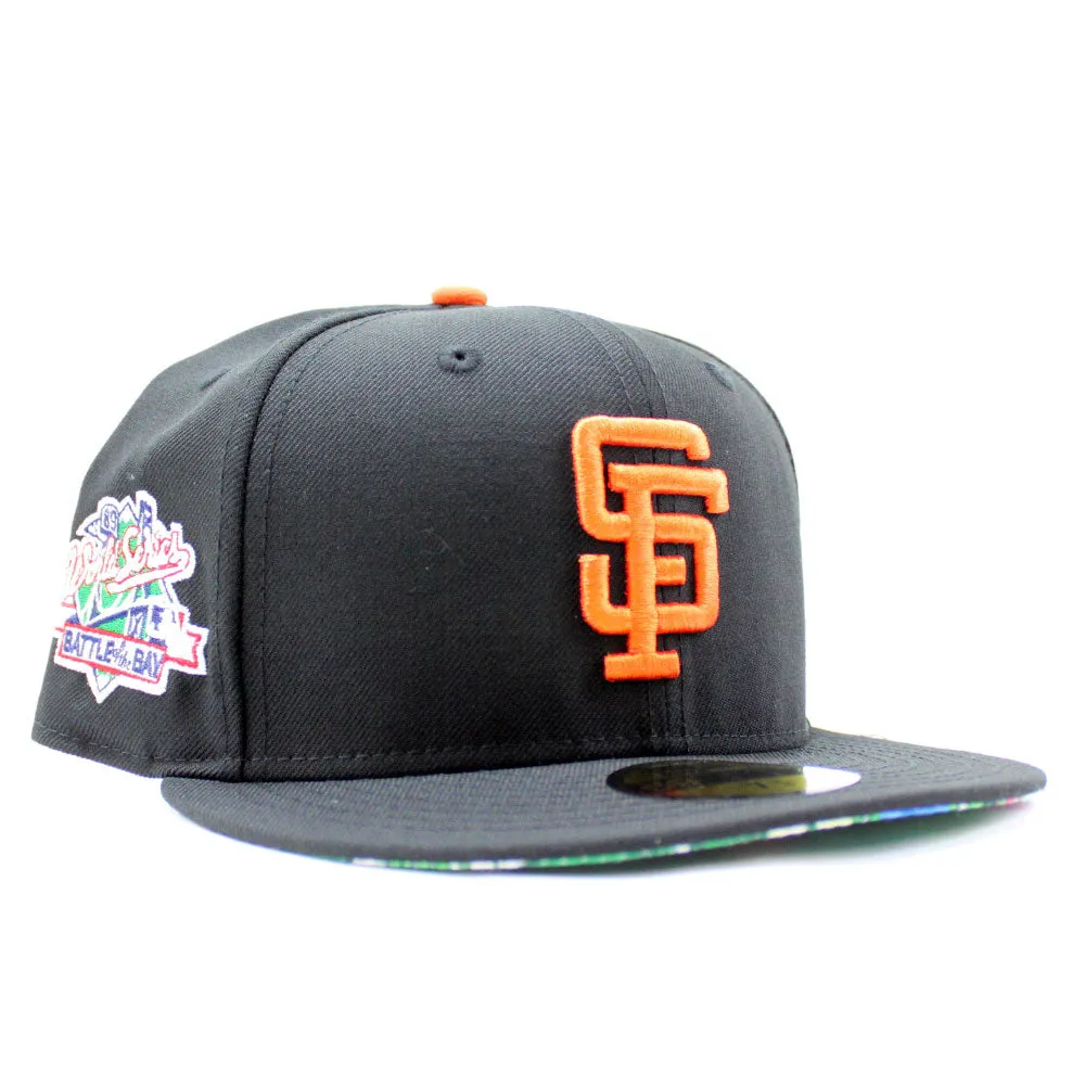 BATTLE OF THE BAY San Francisco Giants 1989 World Series Patch New Era 59Fifty Fitted Hats (Glow in the Dark Patch BLACK Floral UNDER BRIM)