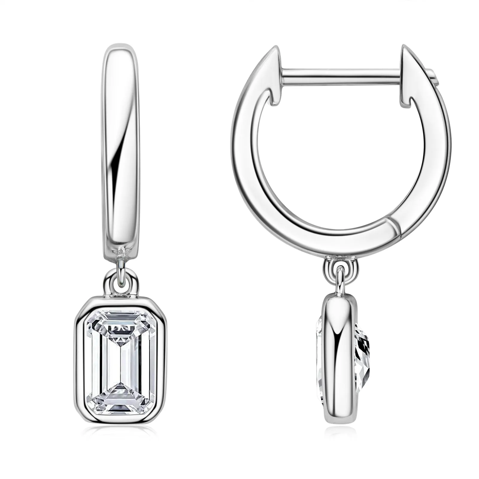 Bezel Emerald Cut 1.6ctw. Moissanite Drop Hoop Earrings