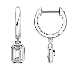 Bezel Emerald Cut 1.6ctw. Moissanite Drop Hoop Earrings