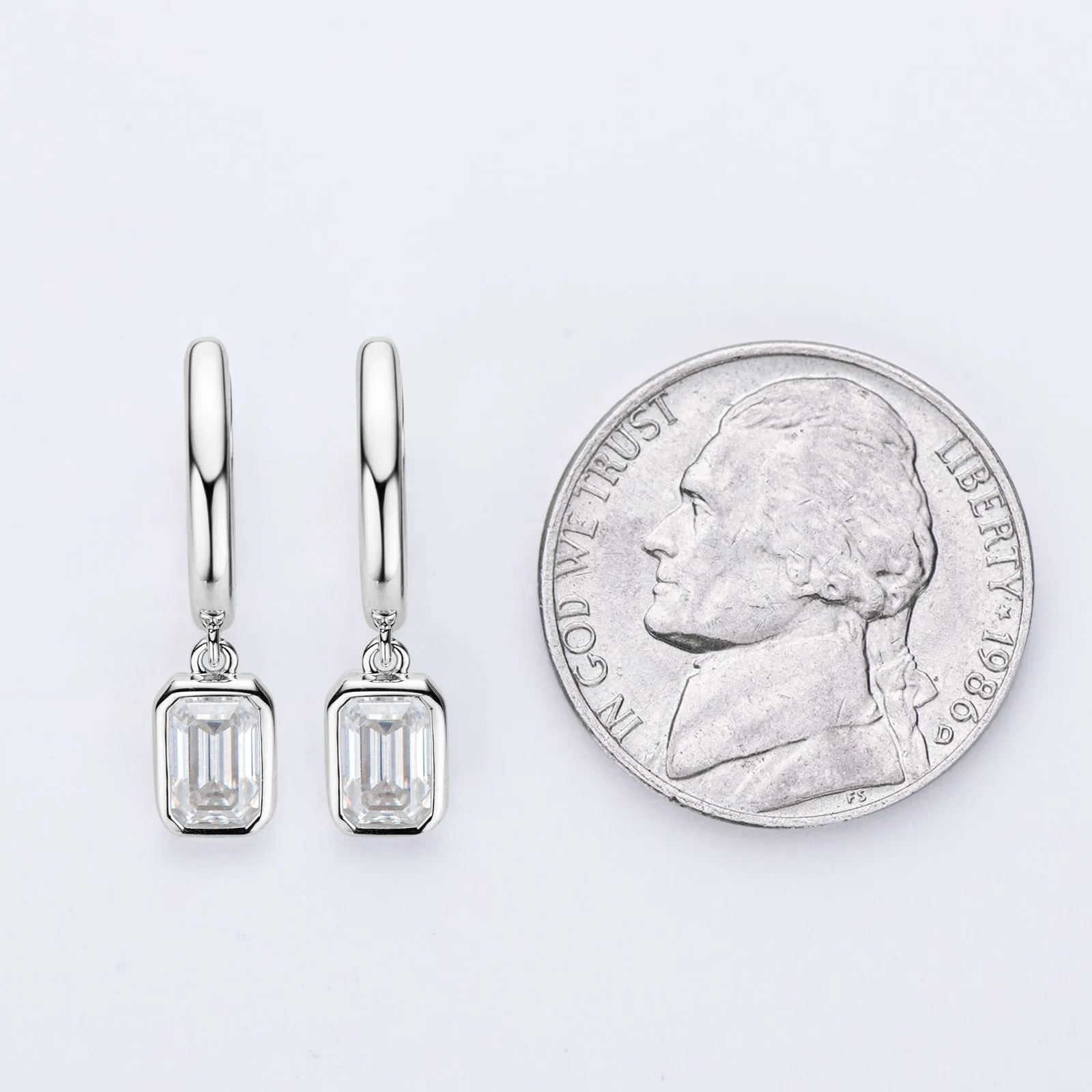 Bezel Emerald Cut 1.6ctw. Moissanite Drop Hoop Earrings