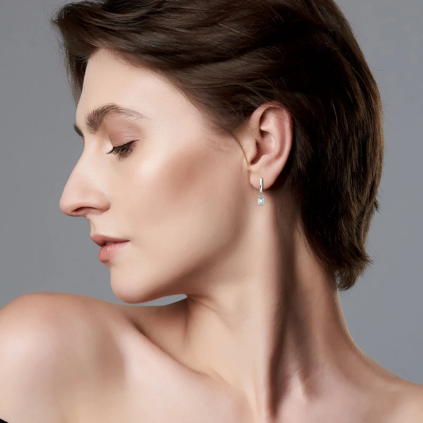 Bezel Emerald Cut 1.6ctw. Moissanite Drop Hoop Earrings