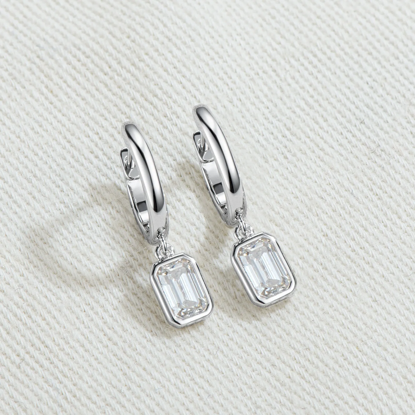 Bezel Emerald Cut 1.6ctw. Moissanite Drop Hoop Earrings