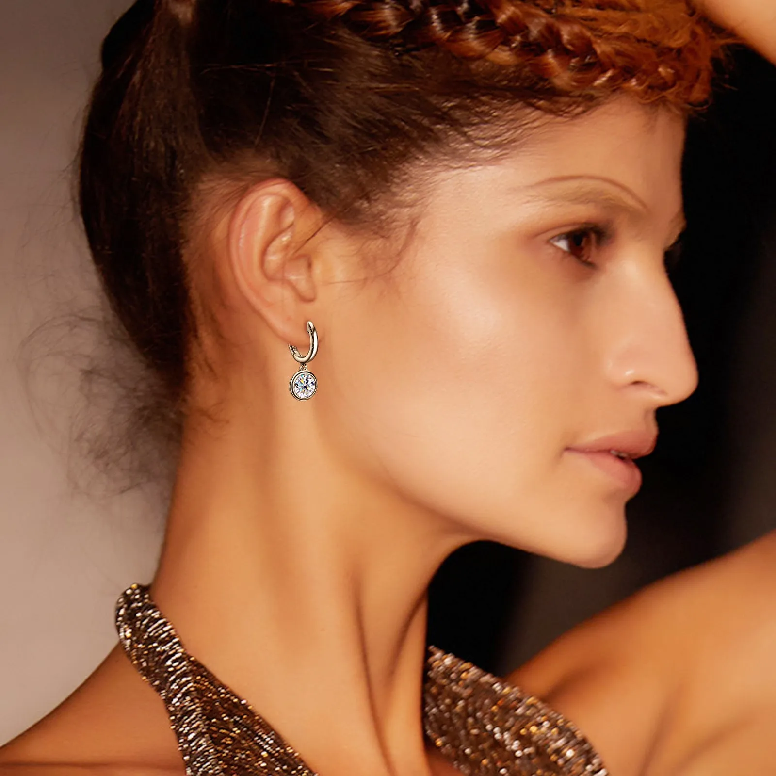 Bezel Setting 6.5mm Round Cut Moissanite Dangle Hoop Earrings