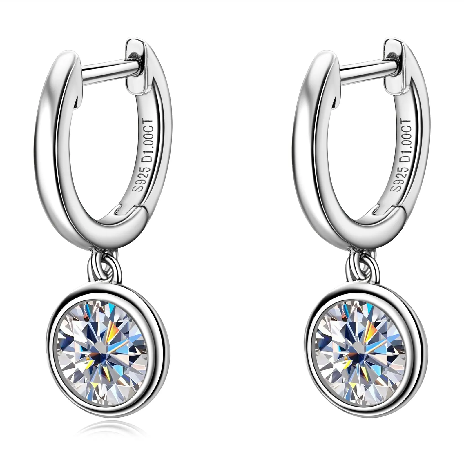Bezel Setting 6.5mm Round Cut Moissanite Dangle Hoop Earrings