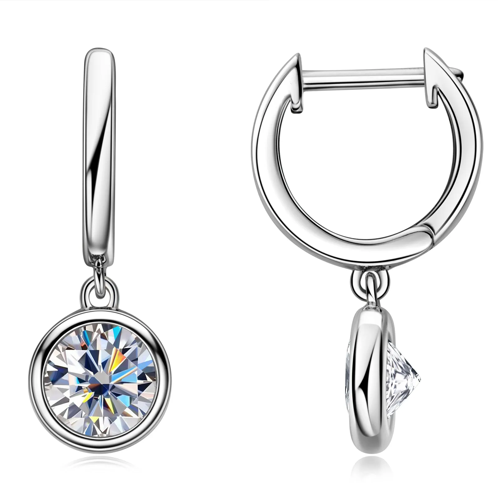Bezel Setting 6.5mm Round Cut Moissanite Dangle Hoop Earrings