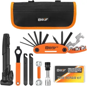 Bicycle Repair Kit: Portable bag with tire pump, patches, inflator & essentials ideal for bike maintenance, travel, and camping adventures