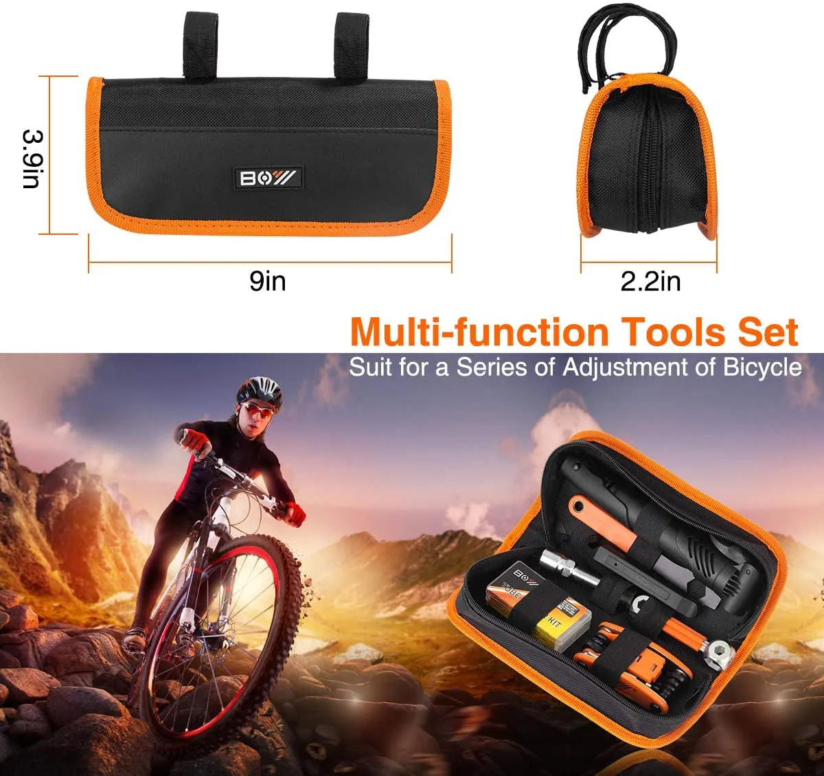 Bicycle Repair Kit: Portable bag with tire pump, patches, inflator & essentials ideal for bike maintenance, travel, and camping adventures