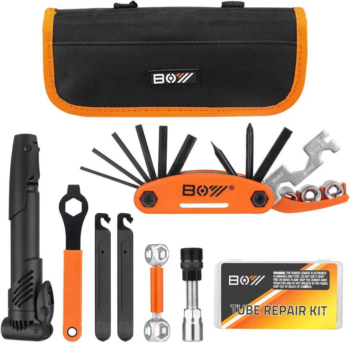 Bicycle Repair Kit: Portable bag with tire pump, patches, inflator & essentials ideal for bike maintenance, travel, and camping adventures
