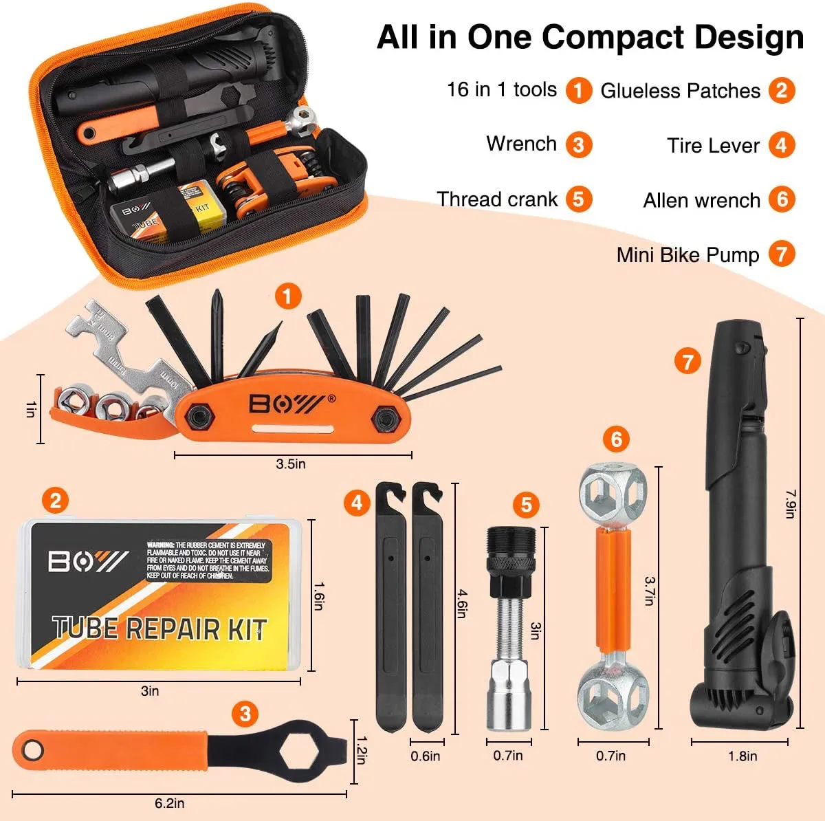 Bicycle Repair Kit: Portable bag with tire pump, patches, inflator & essentials ideal for bike maintenance, travel, and camping adventures