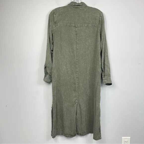 Billy T Leeway Faded Chambray Shirt Dress XS Army Olive Green Utility Boho MIDI
