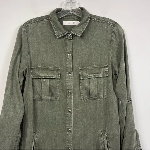 Billy T Leeway Faded Chambray Shirt Dress XS Army Olive Green Utility Boho MIDI