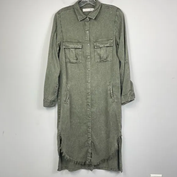Billy T Leeway Faded Chambray Shirt Dress XS Army Olive Green Utility Boho MIDI