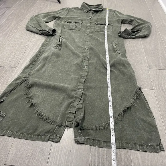 Billy T Leeway Faded Chambray Shirt Dress XS Army Olive Green Utility Boho MIDI