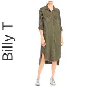 Billy T Leeway Faded Chambray Shirt Dress XS Army Olive Green Utility Boho MIDI