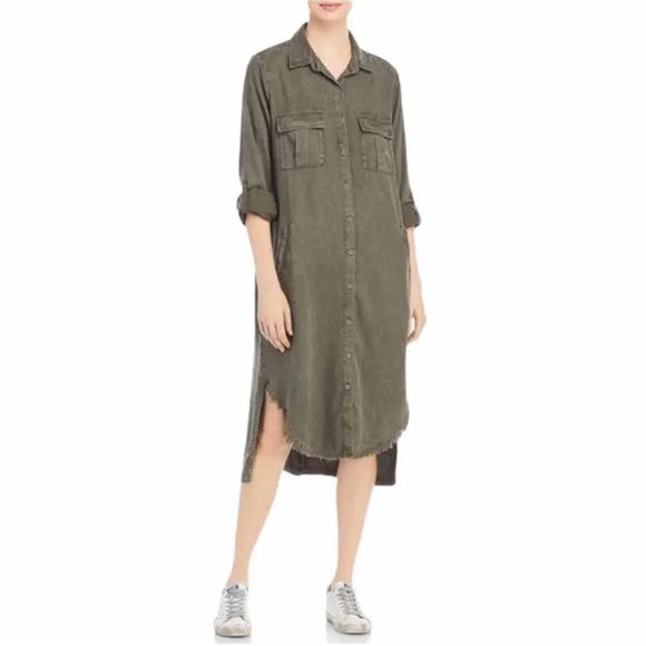 Billy T Leeway Faded Chambray Shirt Dress XS Army Olive Green Utility Boho MIDI