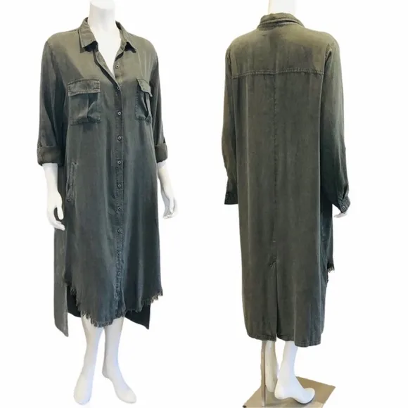 Billy T Leeway Faded Chambray Shirt Dress XS Army Olive Green Utility Boho MIDI