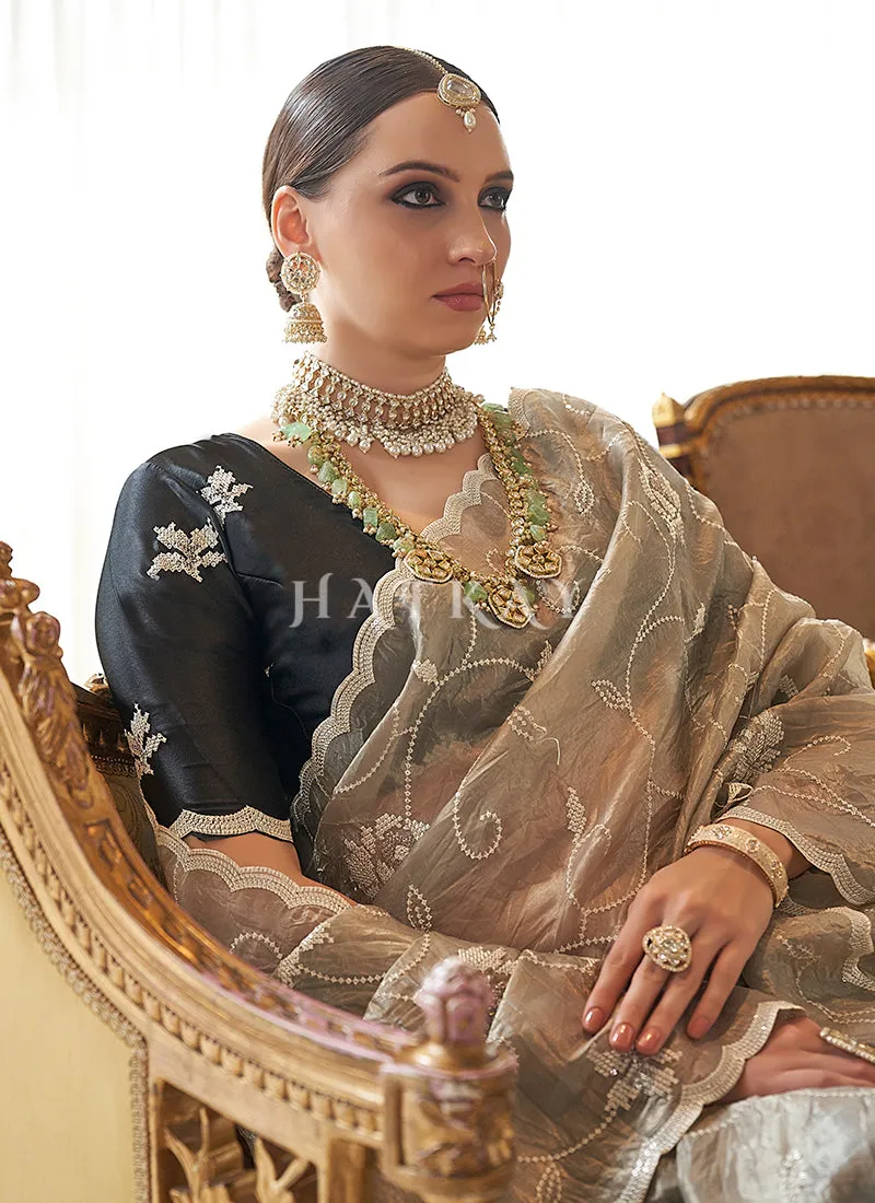 Black And Beige Embroidery Silk Saree