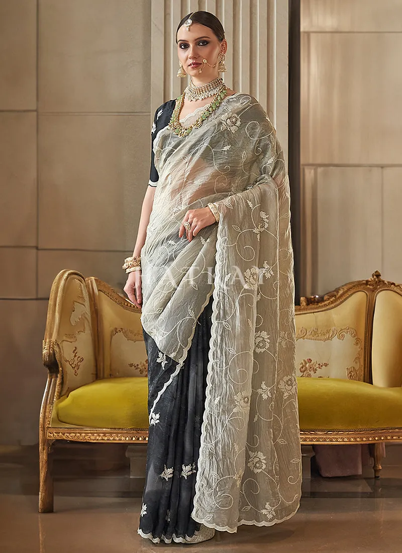 Black And Beige Embroidery Silk Saree
